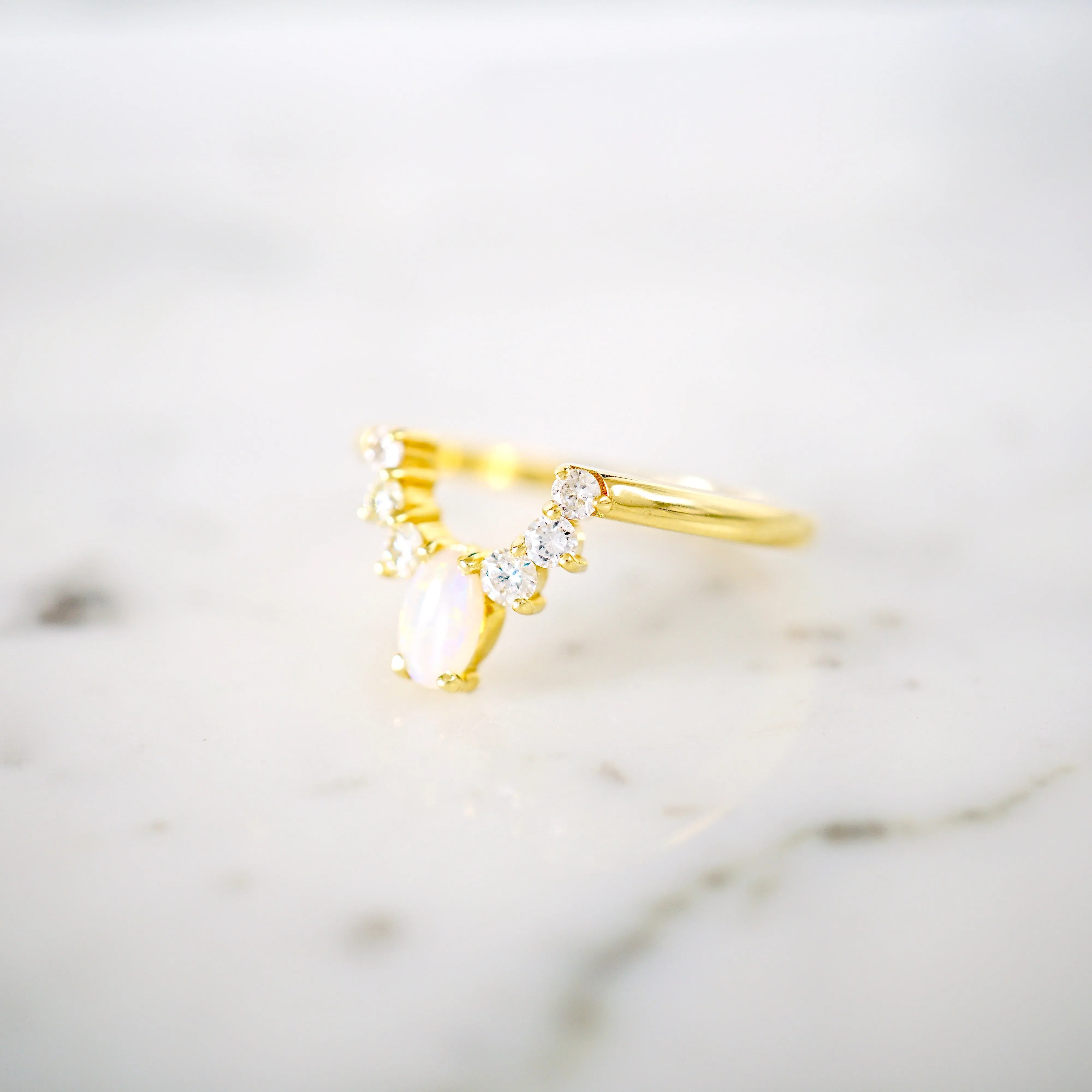 Marquise Opal and Diamond Arc Ring - Opal Crown Diamond Ring