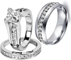 Mashan Couple Rings His Her Wedding Ring Sets Matching Rings White Gold Plated AAA CZ Ring Mens Wedding Bands, White Gold,Titanium