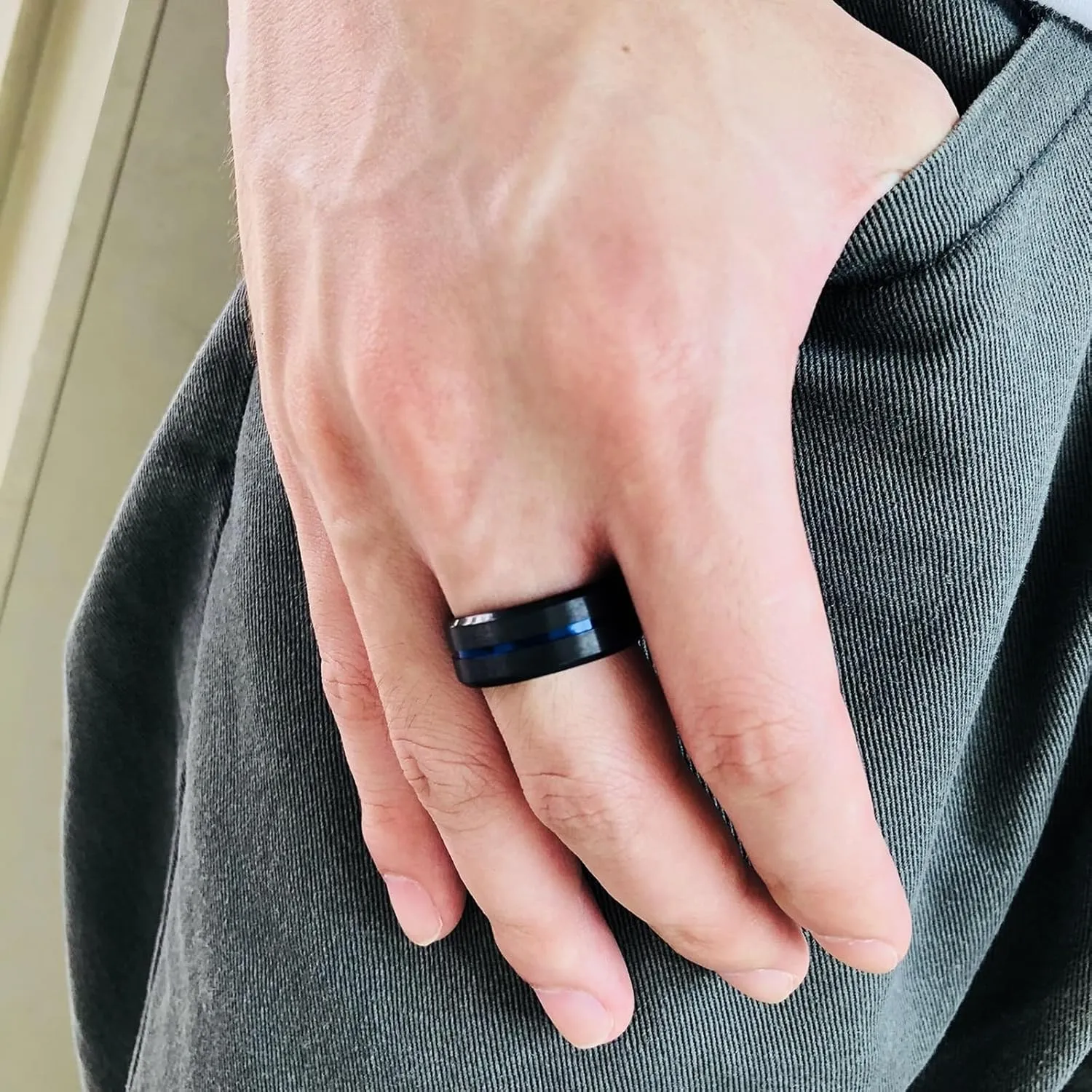 Matching Adjustable Rings, Stainless Steel Ring for Men 2PCS Titanium 8mm Black Brushed Ring Beveled Edge Wedding Bands for Couple Promise Jewelry