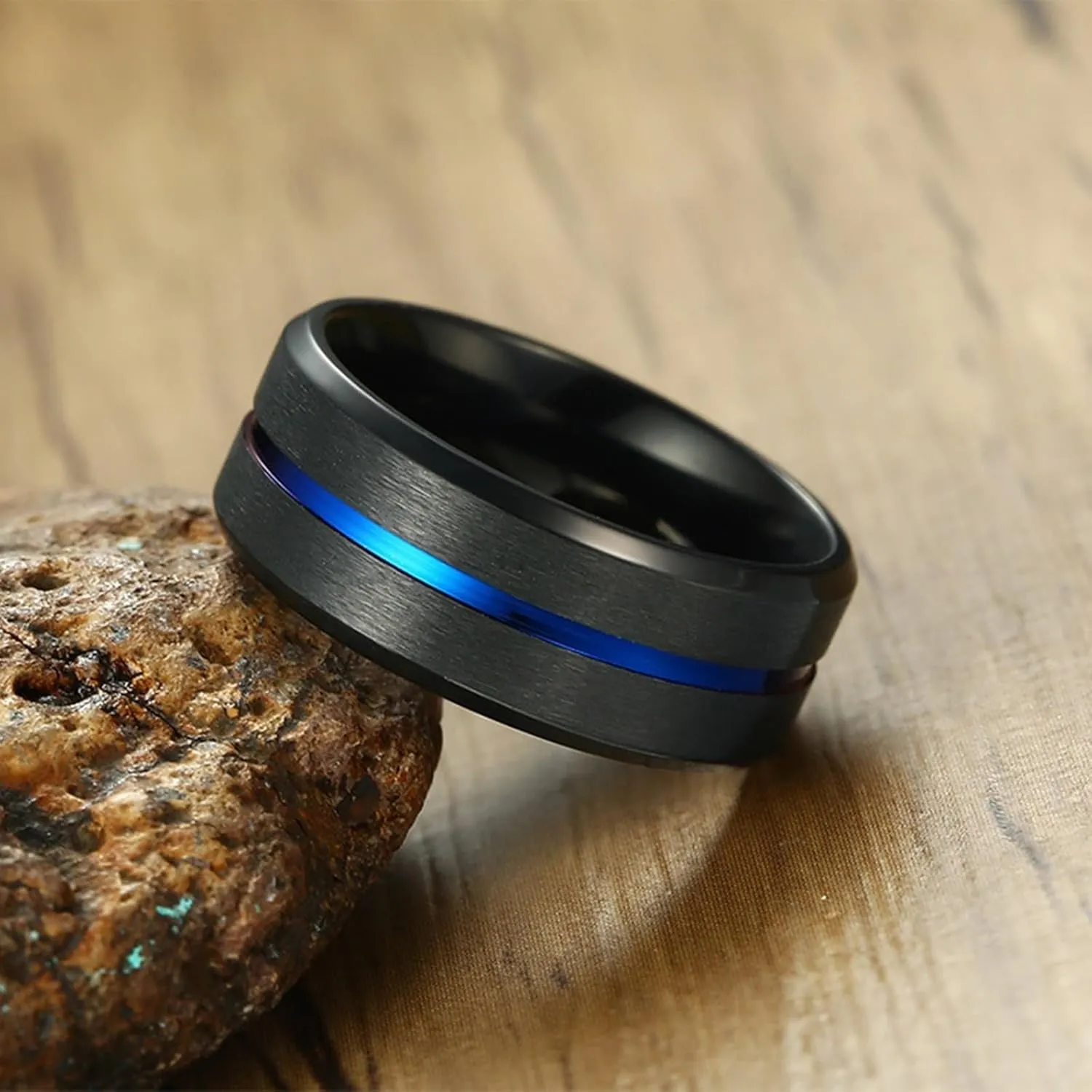 Matching Adjustable Rings, Stainless Steel Ring for Men 2PCS Titanium 8mm Black Brushed Ring Beveled Edge Wedding Bands for Couple Promise Jewelry