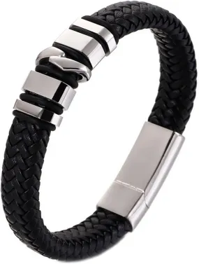 Men's Bracelets Black Chain,Stainless Steel Bracelets for Men Braided Leather Bracelets for Men 8.26 Inch