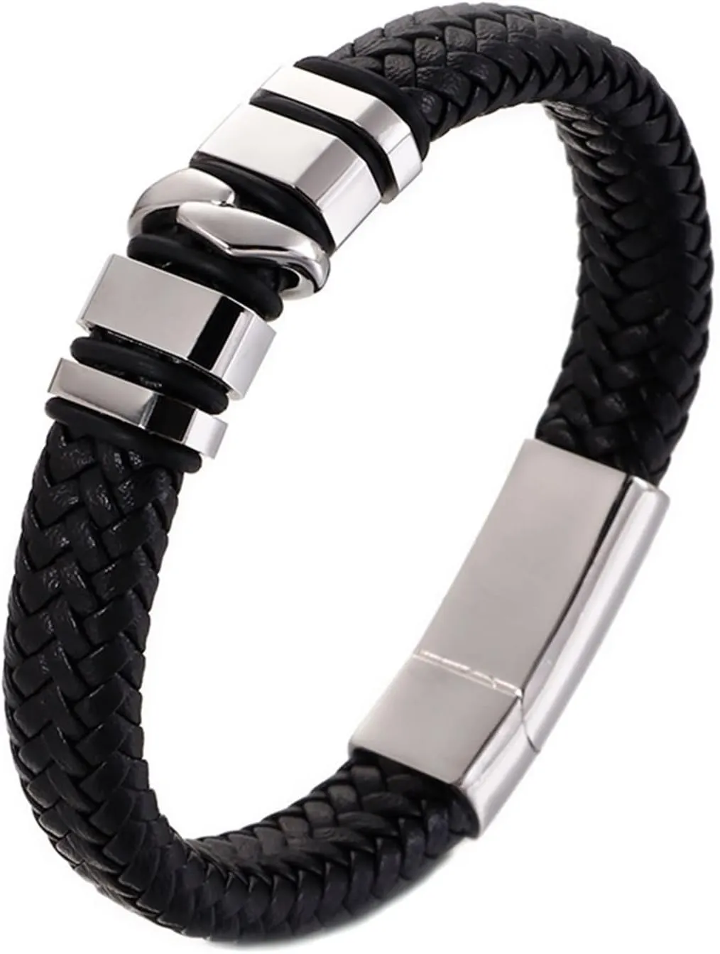 Men's Bracelets Black Chain,Stainless Steel Bracelets for Men Braided Leather Bracelets for Men 8.26 Inch
