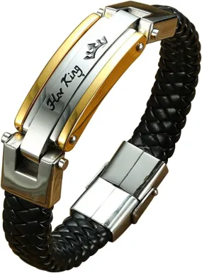 Mens Bracelets for Larger Wrists Black Silver, Identification Bracelets His Queen Her King Stainless Steel Bracelets for Boys
