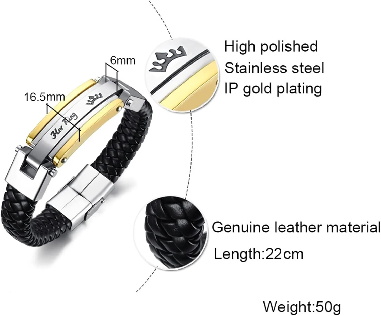 Mens Bracelets for Larger Wrists Black Silver, Identification Bracelets His Queen Her King Stainless Steel Bracelets for Boys