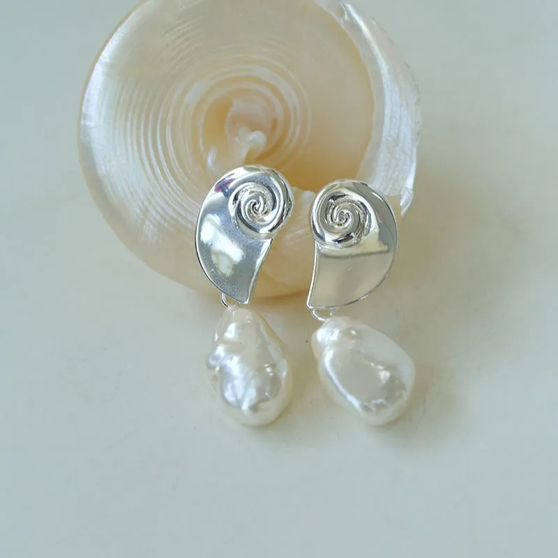 Elegant Baroque Pearl Earrings with Metal Conch Design