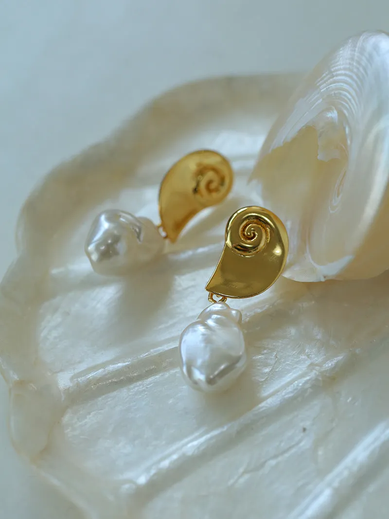 Elegant Baroque Pearl Earrings with Metal Conch Design