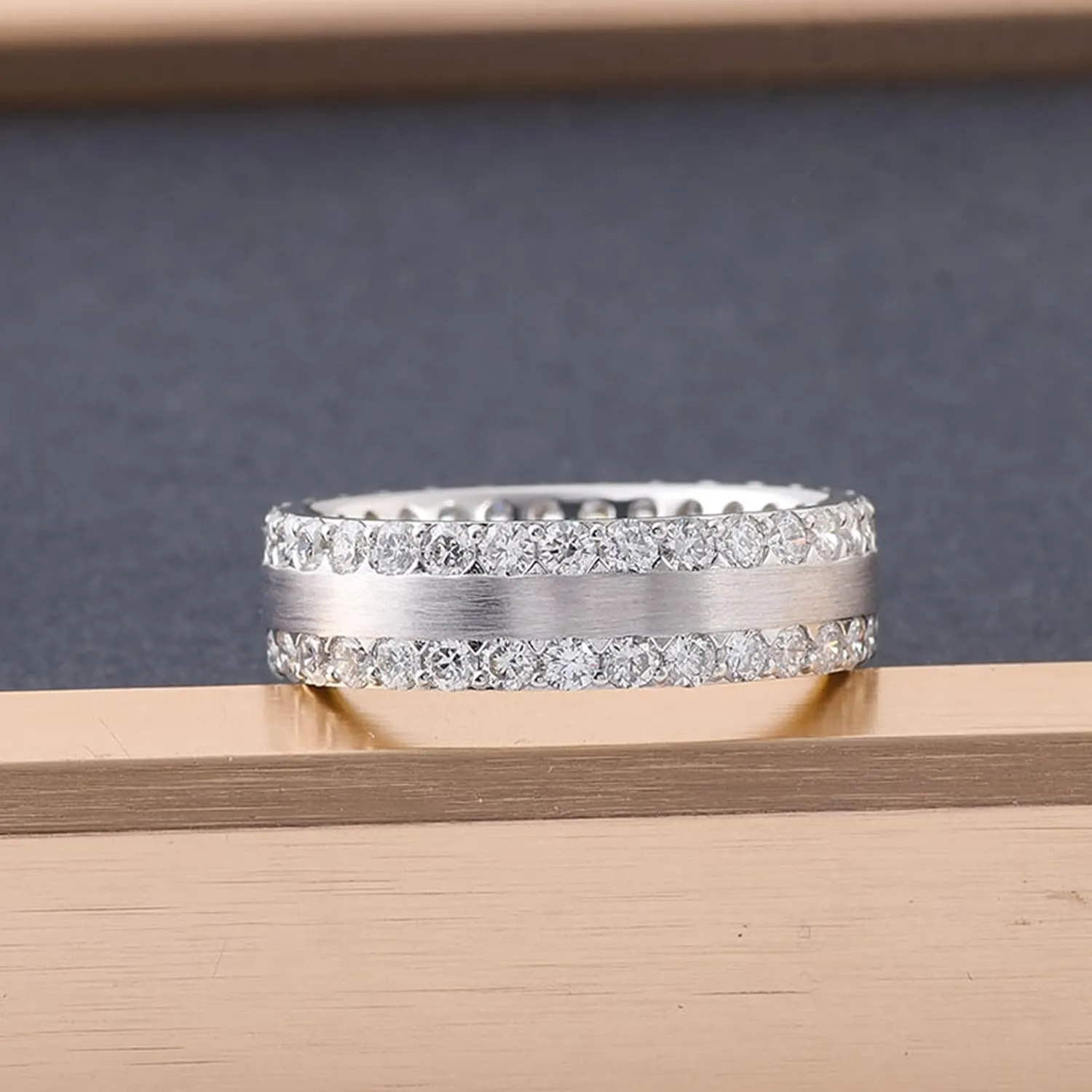 Metal Wedding Ring, Silver Wedding Bands for Women White Round Moissanite Channel for Graduation Pre Engagement Ring