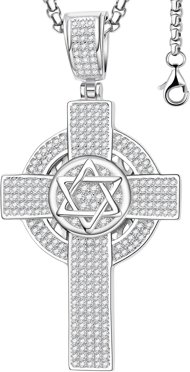 Moissanite Cross Necklace for Men,D Color Simulated Diamond Celtic Cross Pendant,S925 Iceout Hiphop Necklae,Sterling Silver Christian Religious Jewelry Present for Hiphop Men