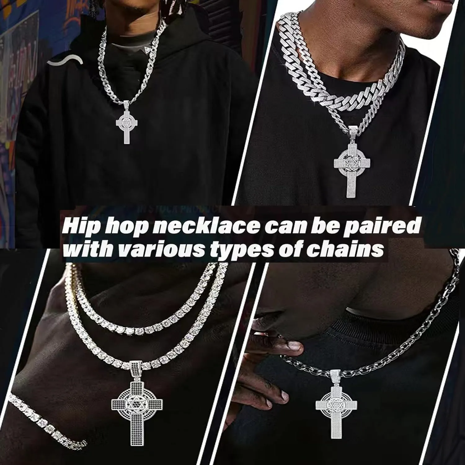 Moissanite Cross Necklace for Men,D Color Simulated Diamond Celtic Cross Pendant,S925 Iceout Hiphop Necklae,Sterling Silver Christian Religious Jewelry Present for Hiphop Men
