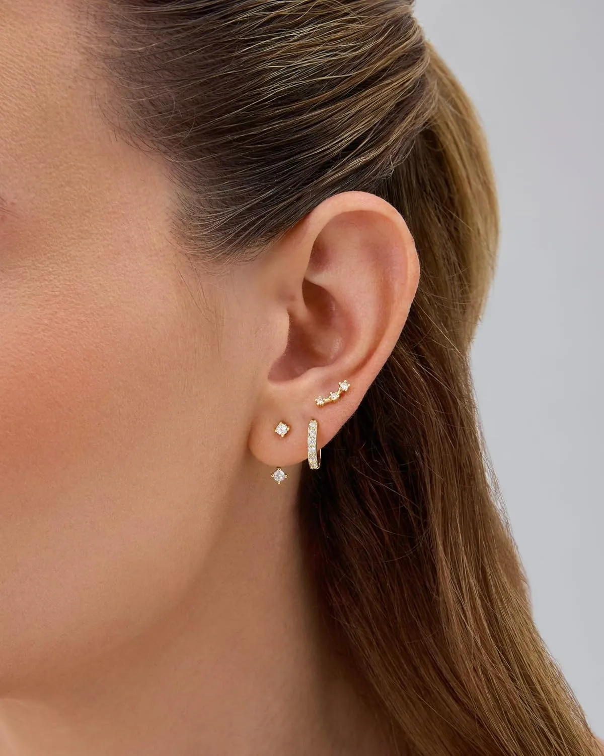 PAVOI 18K Gold Plated Sterling Silver Posts Three Pairs Statement Earrings for Women - Cubic Zirconia Gold Earring Pack - Front Back Ear Jacket Crawler Stud Huggie Piercing Jewelry Set