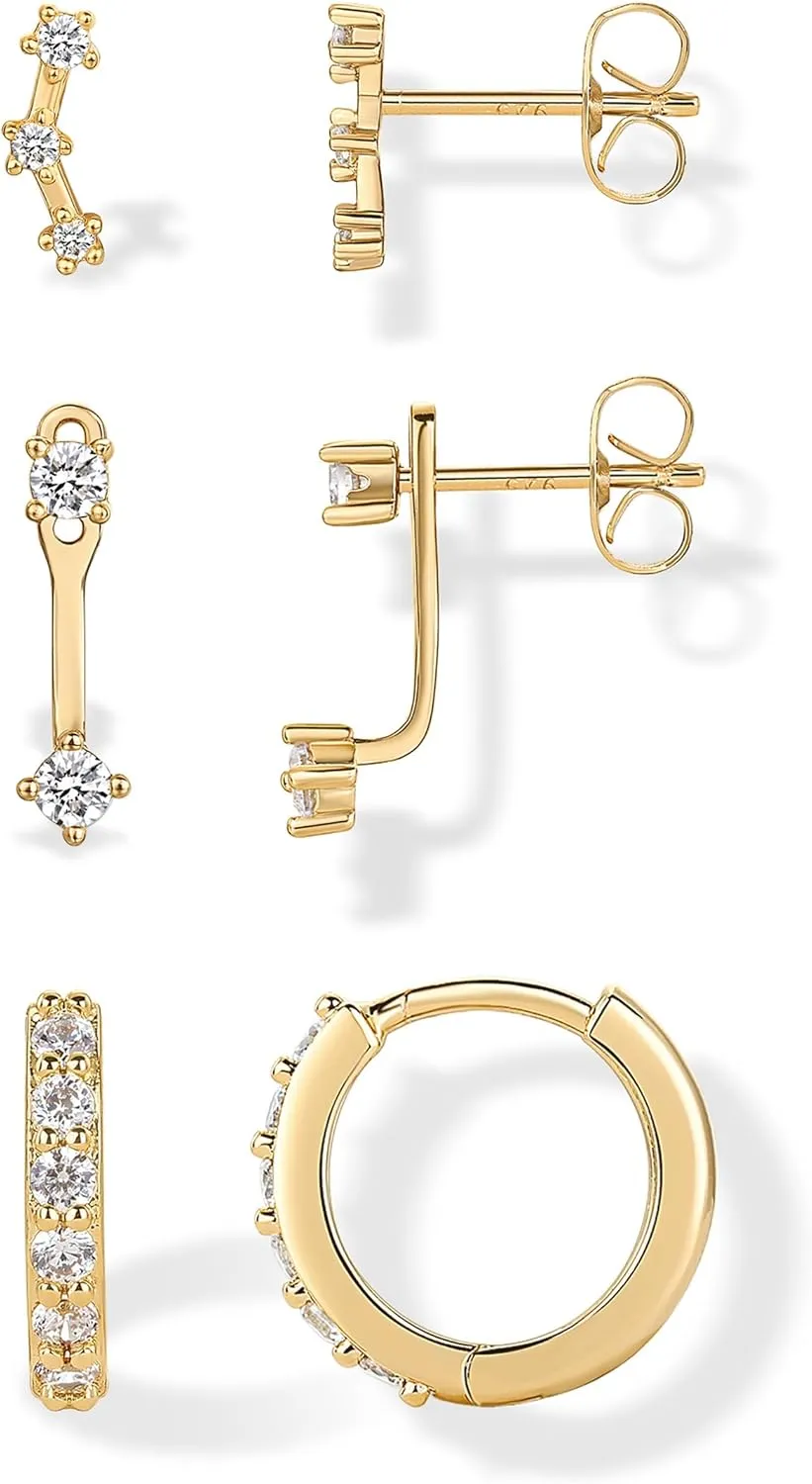 PAVOI 18K Gold Plated Sterling Silver Posts Three Pairs Statement Earrings for Women - Cubic Zirconia Gold Earring Pack - Front Back Ear Jacket Crawler Stud Huggie Piercing Jewelry Set
