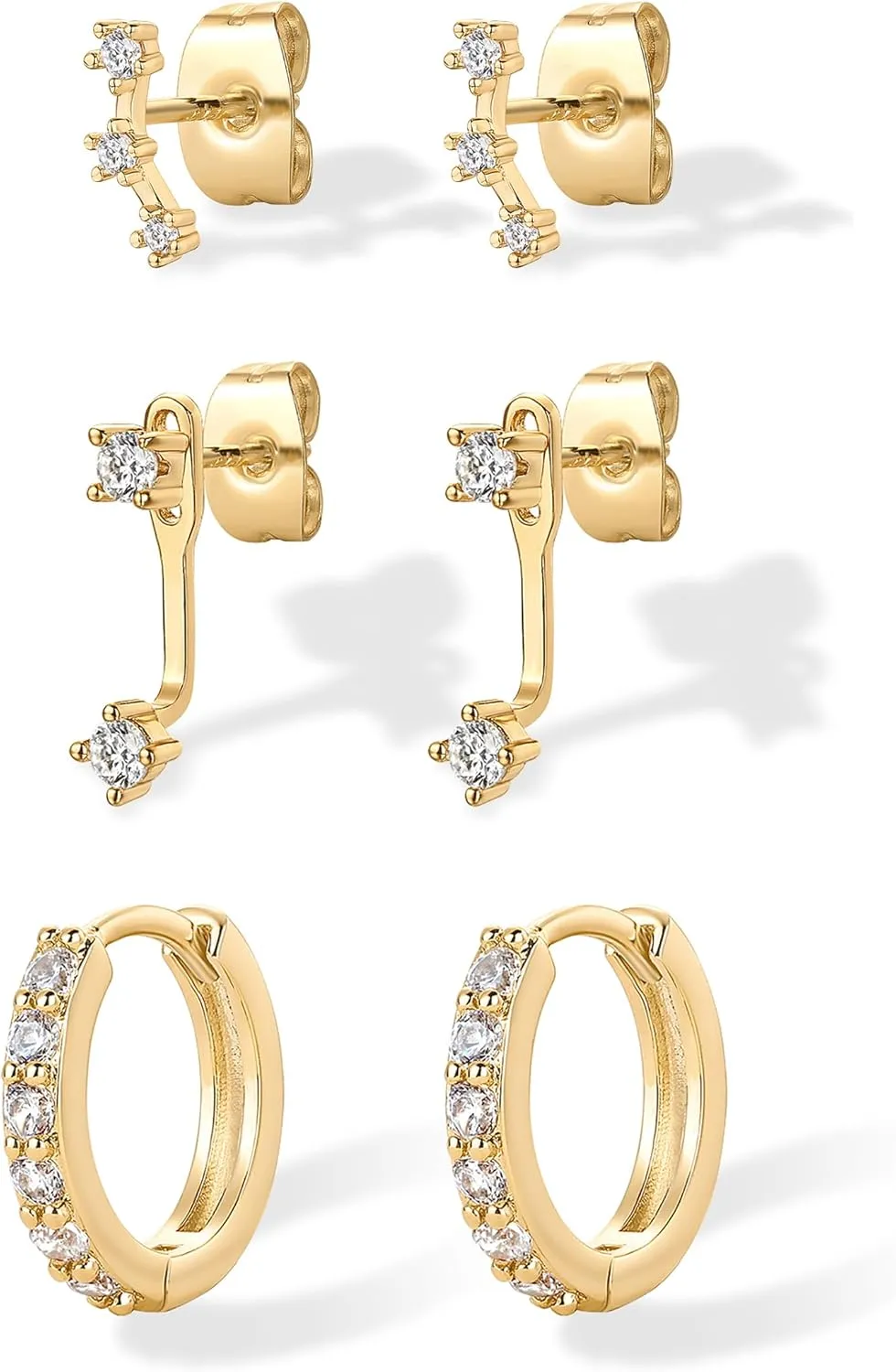 PAVOI 18K Gold Plated Sterling Silver Posts Three Pairs Statement Earrings for Women - Cubic Zirconia Gold Earring Pack - Front Back Ear Jacket Crawler Stud Huggie Piercing Jewelry Set