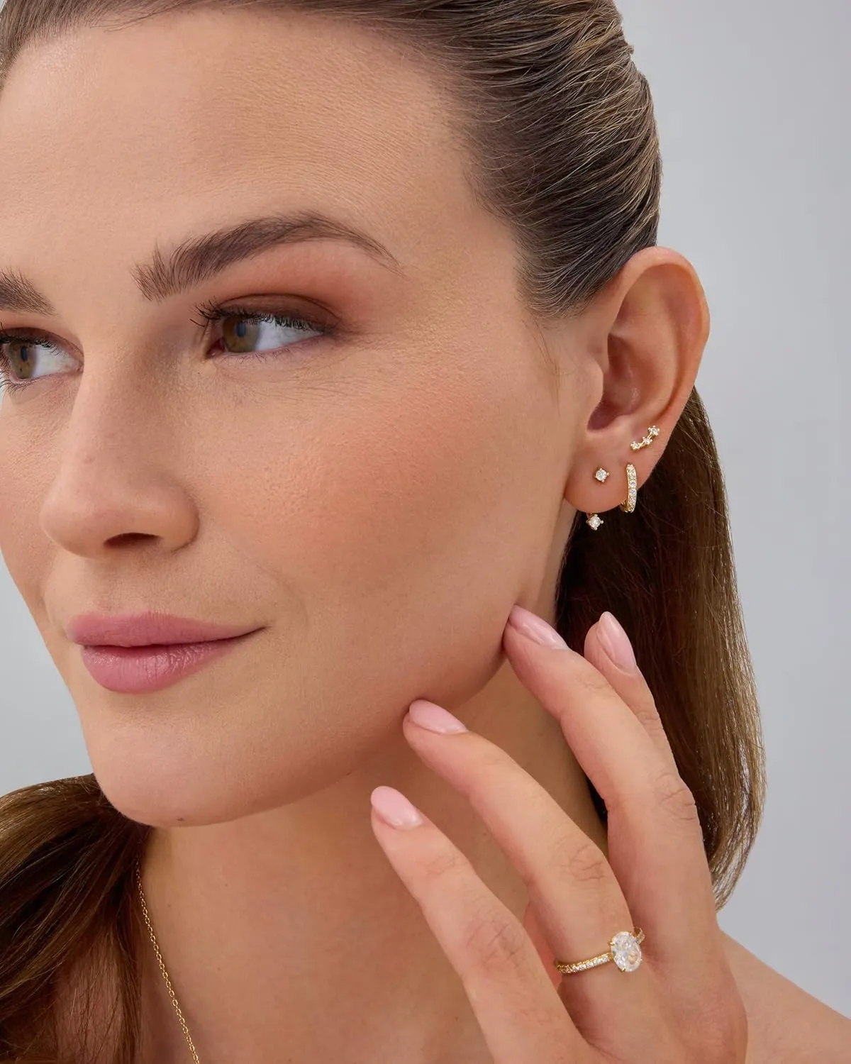 PAVOI 18K Gold Plated Sterling Silver Posts Three Pairs Statement Earrings for Women - Cubic Zirconia Gold Earring Pack - Front Back Ear Jacket Crawler Stud Huggie Piercing Jewelry Set