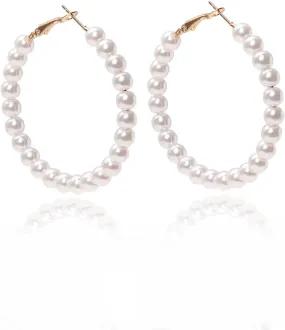 Pearl Hoop Earrings for Women Large Hoops Super Huge Circle Pearls Earrings Gold Silver Thin Dangle earrings Elegant Women Wedding Jewelry Gift for Her