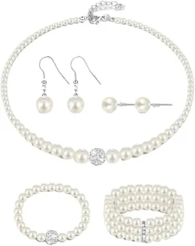 Pearl Jewelry Set for Women Faux Pearl Necklace Bracelet Stud Dangle Earrings Set Pearl Necklace Earrings White Wrist Bracelets for Wedding Birthday Party Gift