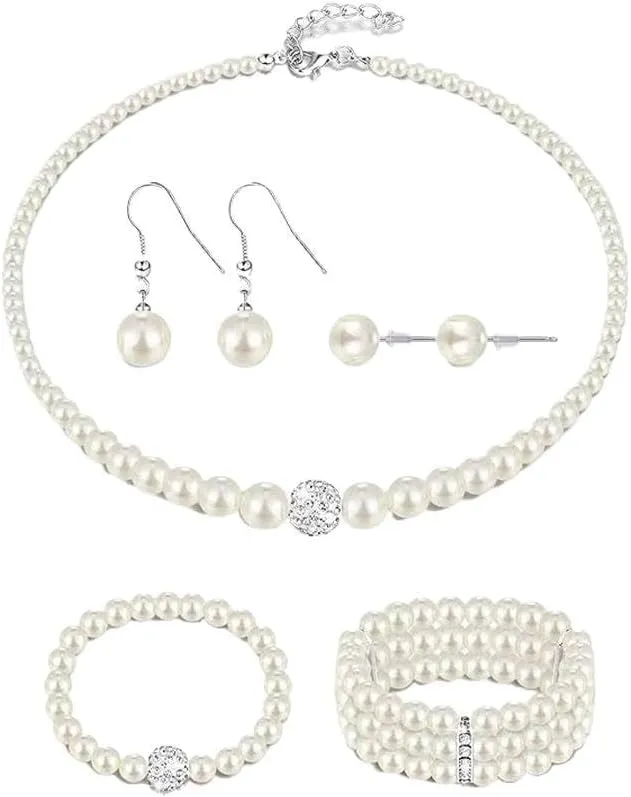 Pearl Jewelry Set for Women Faux Pearl Necklace Bracelet Stud Dangle Earrings Set Pearl Necklace Earrings White Wrist Bracelets for Wedding Birthday Party Gift
