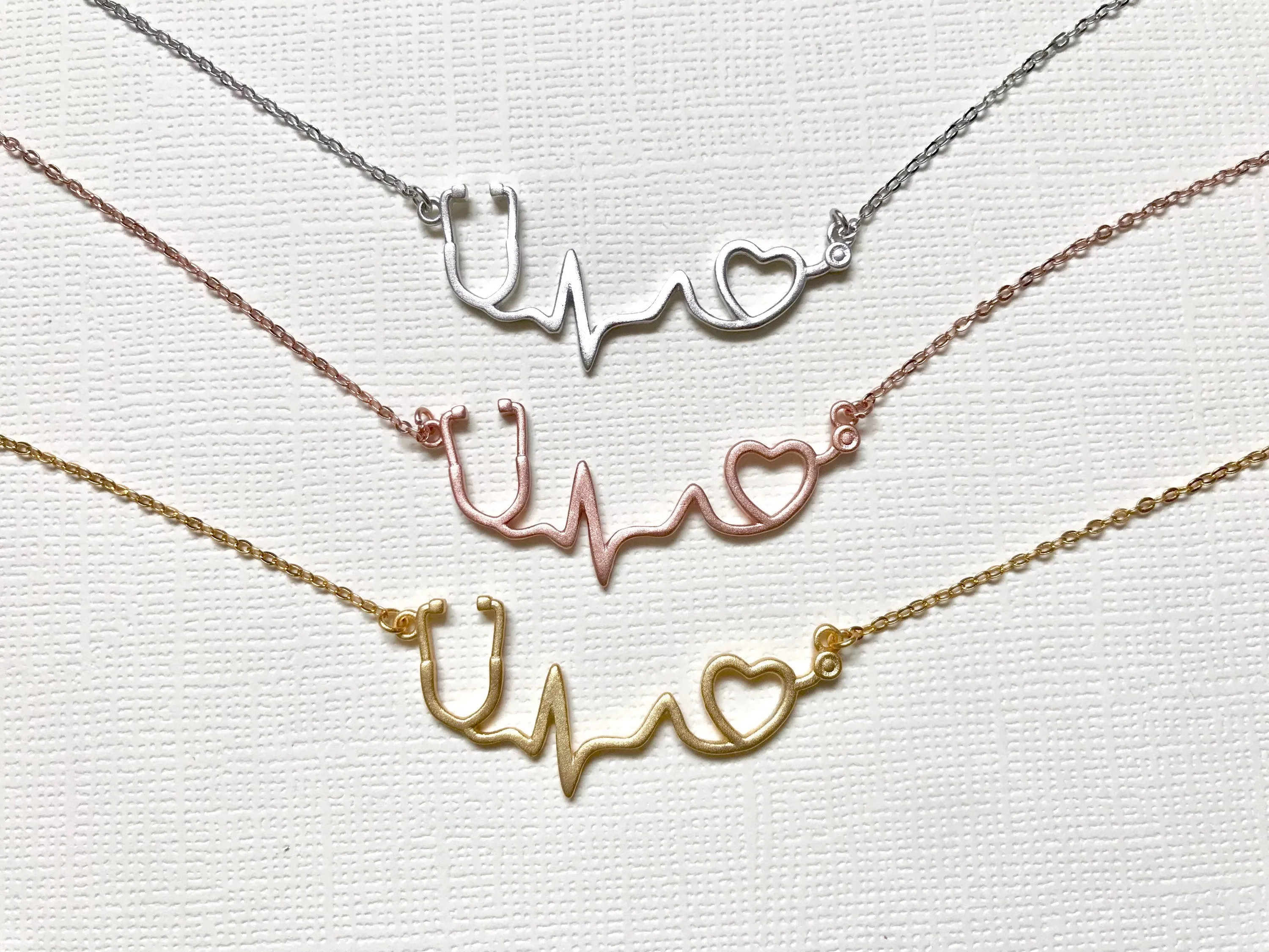 Rose Gold over Sterling Silver stethoscope necklace, heartbeat necklace, EKG necklace