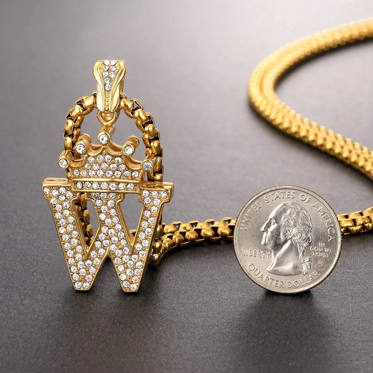ROWIN&CO Crown Initial Letter Pendant Necklace Men Women Hip Hop Iced Out Gold Bling Diamond A-Z Capital Alphabet Monogram Name Jewelry Personalized Custom Letters Cubic Zirconia Necklace, with 24" Chain