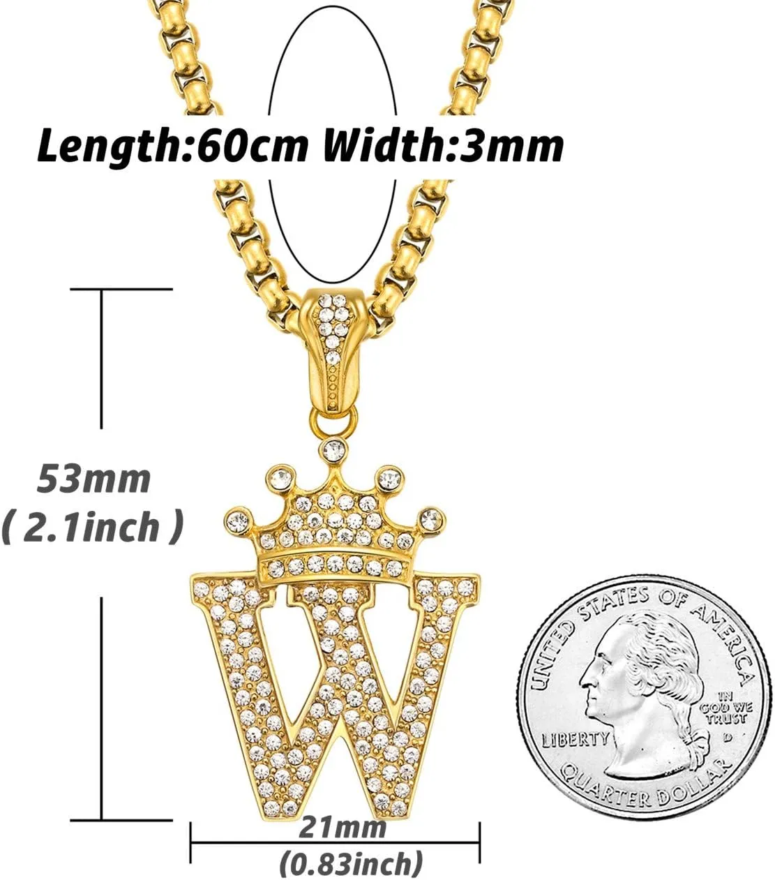 ROWIN&CO Crown Initial Letter Pendant Necklace Men Women Hip Hop Iced Out Gold Bling Diamond A-Z Capital Alphabet Monogram Name Jewelry Personalized Custom Letters Cubic Zirconia Necklace, with 24" Chain