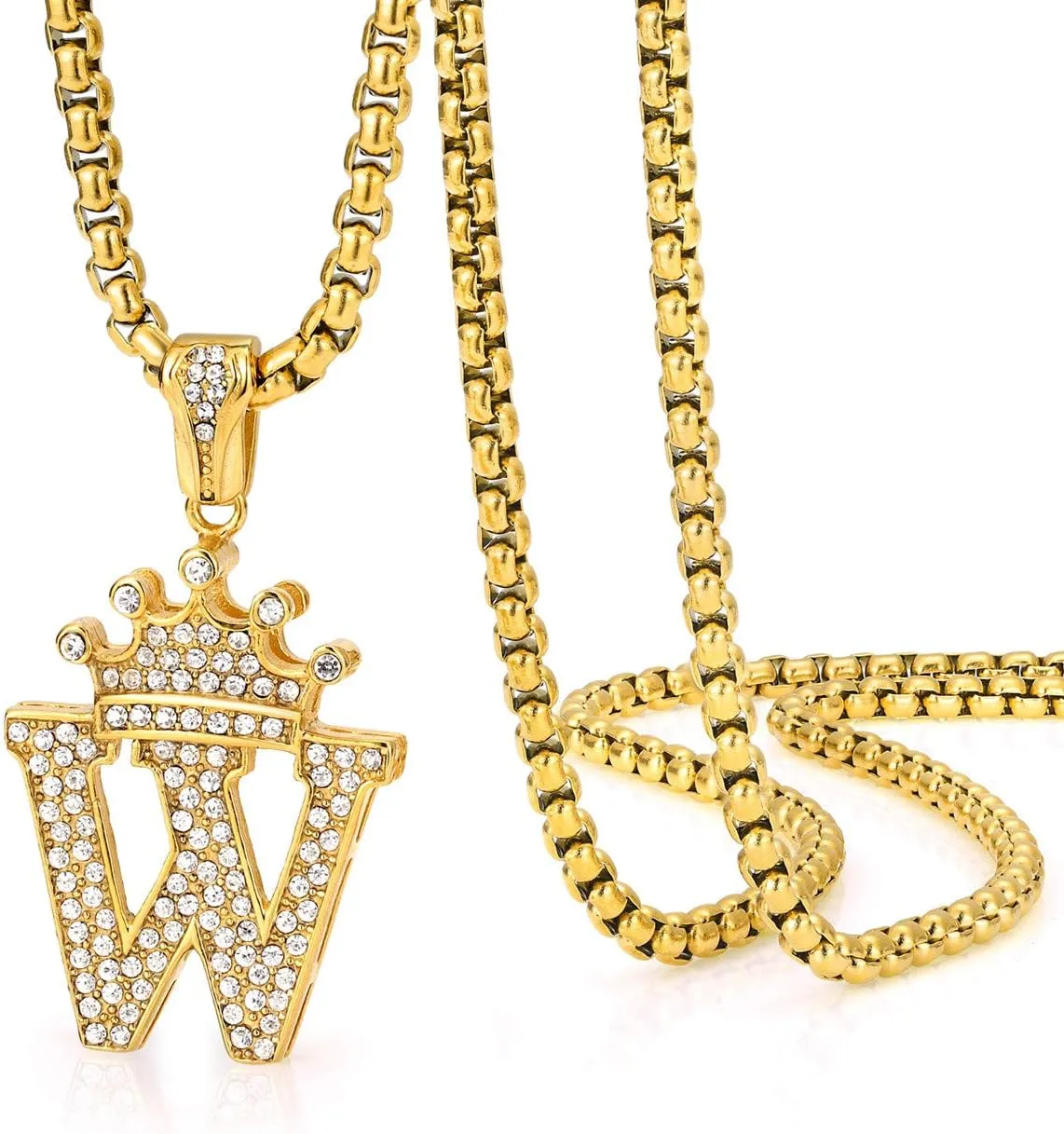 ROWIN&CO Crown Initial Letter Pendant Necklace Men Women Hip Hop Iced Out Gold Bling Diamond A-Z Capital Alphabet Monogram Name Jewelry Personalized Custom Letters Cubic Zirconia Necklace, with 24" Chain
