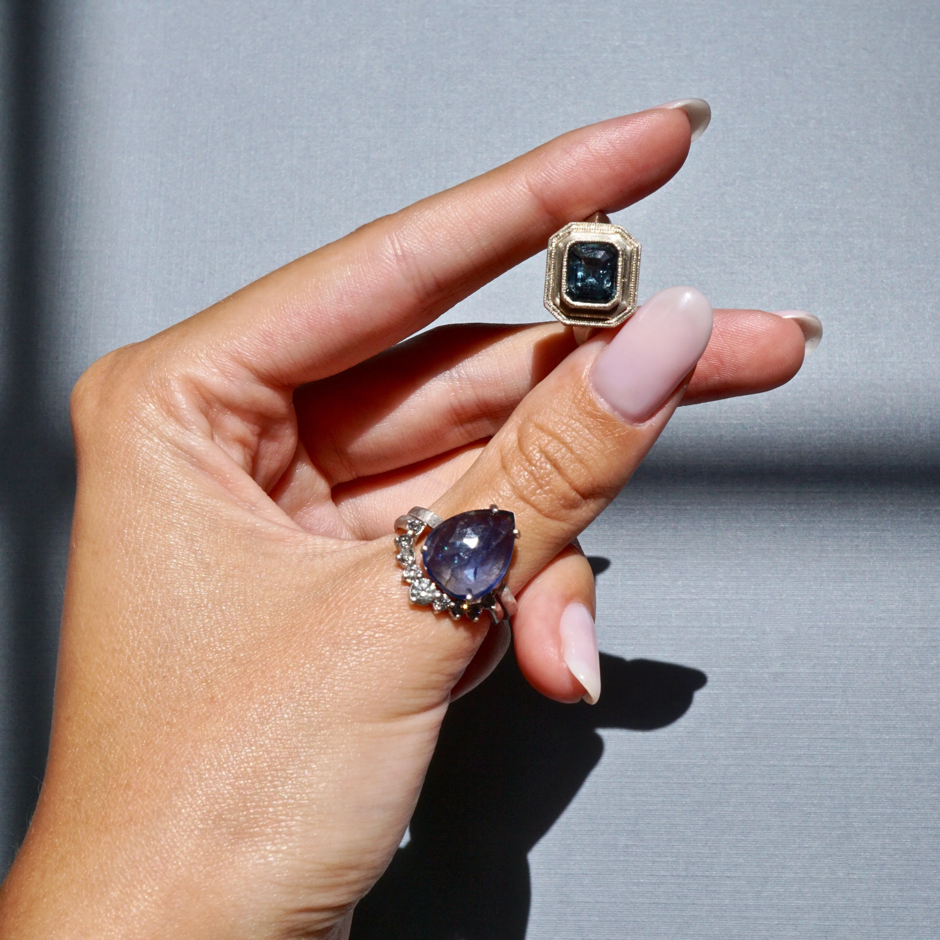 Sapphire and Diamond Wedding Set - Pear cut Sapphire Ring - Rose Cut Sapphire Ring - Bridal Wedding Set