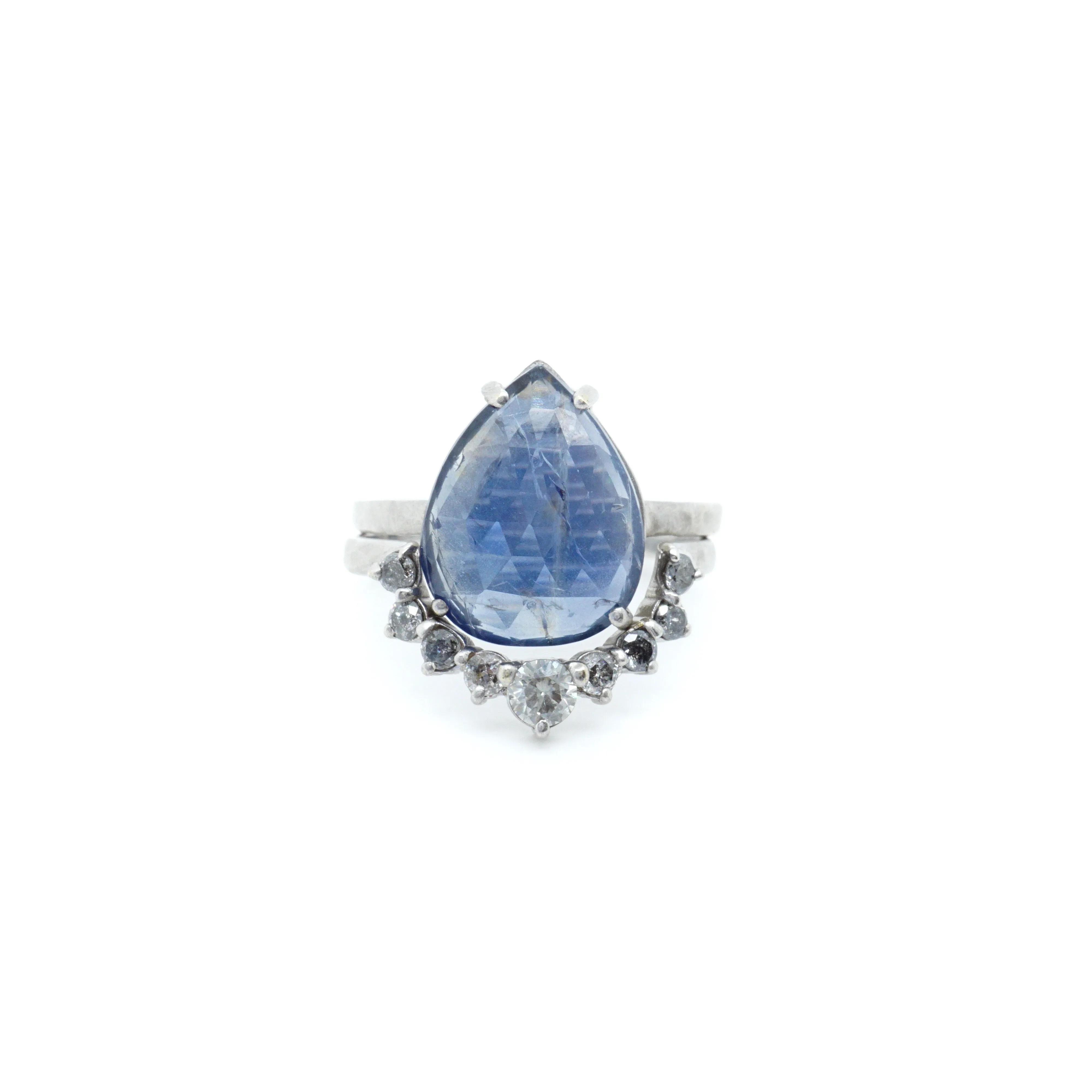 Sapphire and Diamond Wedding Set - Pear cut Sapphire Ring - Rose Cut Sapphire Ring - Bridal Wedding Set
