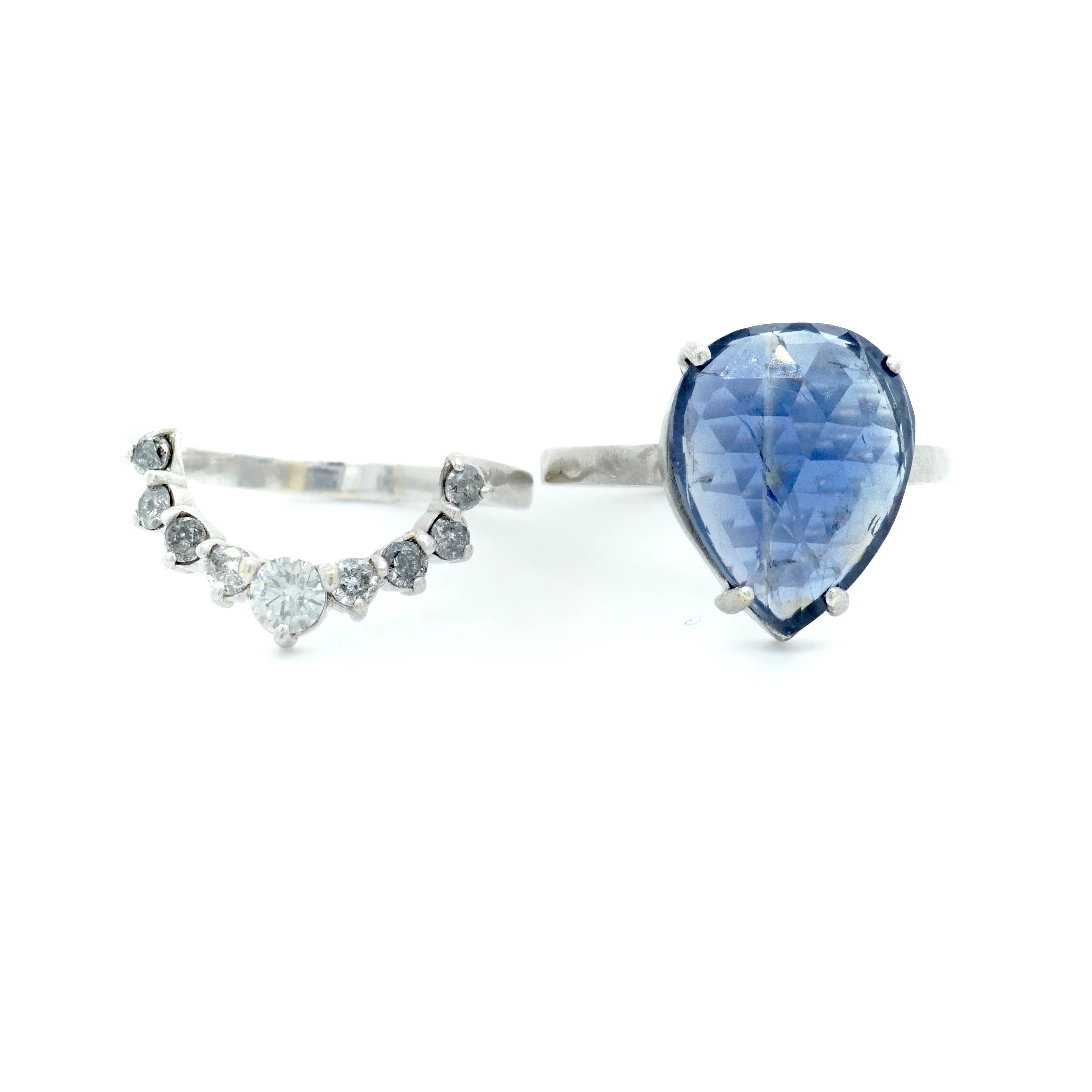 Sapphire and Diamond Wedding Set - Pear cut Sapphire Ring - Rose Cut Sapphire Ring - Bridal Wedding Set
