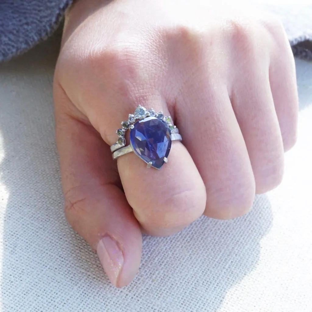 Sapphire and Diamond Wedding Set - Pear cut Sapphire Ring - Rose Cut Sapphire Ring - Bridal Wedding Set