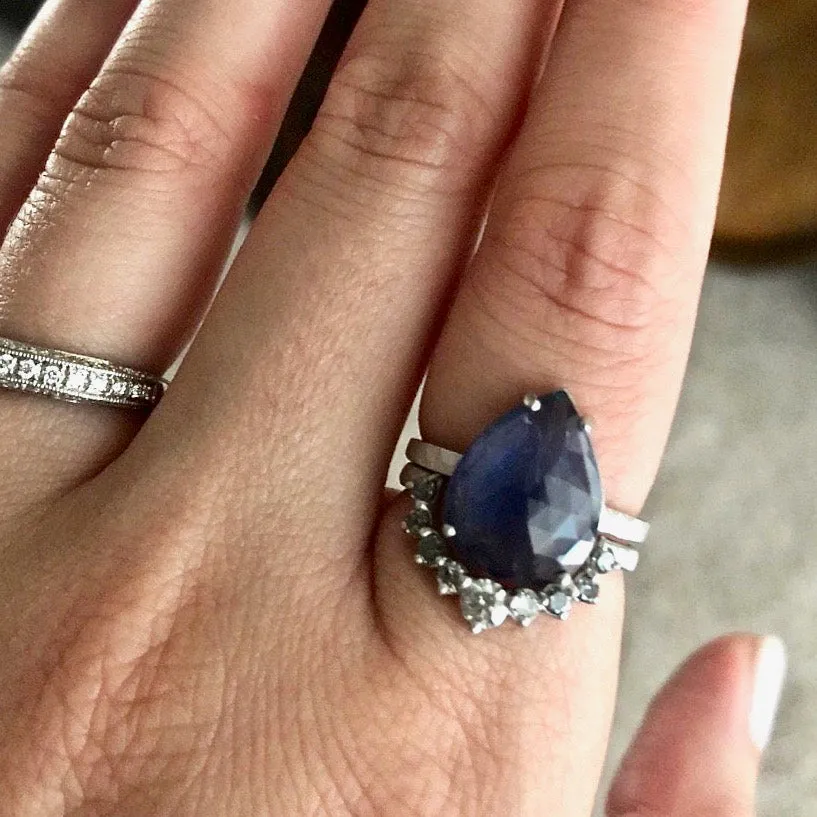 Sapphire and Diamond Wedding Set - Pear cut Sapphire Ring - Rose Cut Sapphire Ring - Bridal Wedding Set