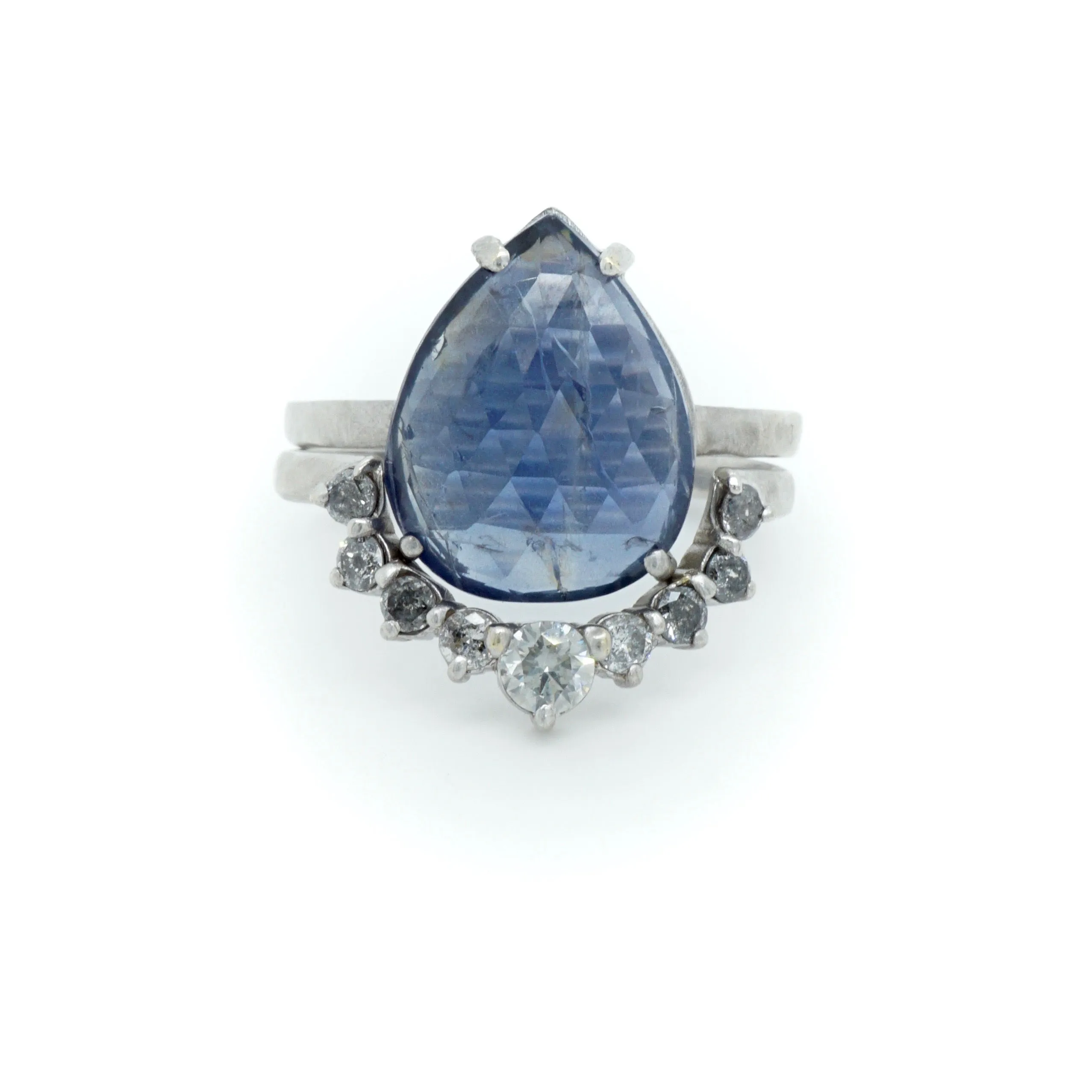 Sapphire and Diamond Wedding Set - Pear cut Sapphire Ring - Rose Cut Sapphire Ring - Bridal Wedding Set