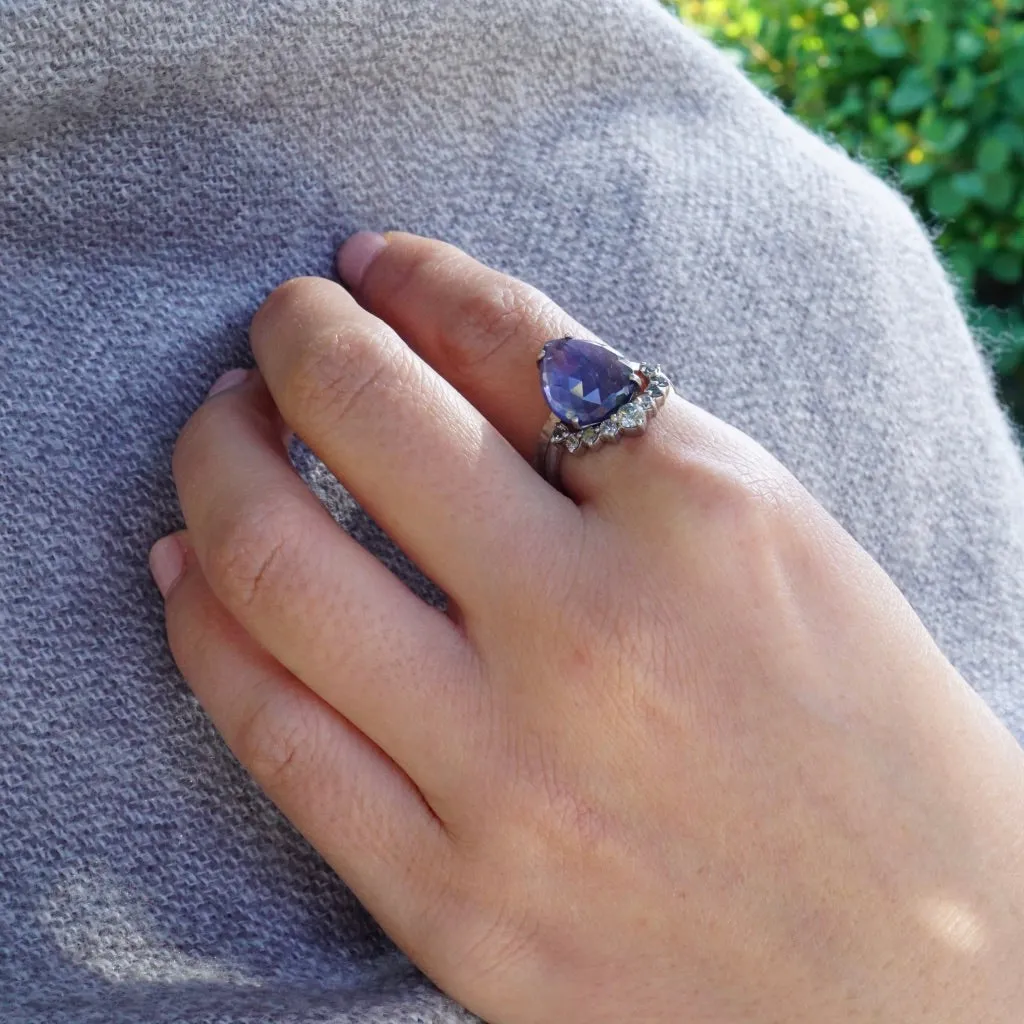 Sapphire and Diamond Wedding Set - Pear cut Sapphire Ring - Rose Cut Sapphire Ring - Bridal Wedding Set