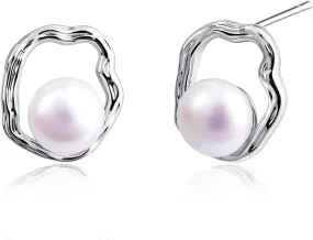 Silver Cloud Stud Earrings with Pearl Accents - Minimalist Pearl Jewelry for Women, Elegant Cloud Earrings for Gift