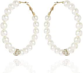 SP SOPHIA COLLECTION Elegant Pearl Hoop Earrings for Women with Rhinestone Ball