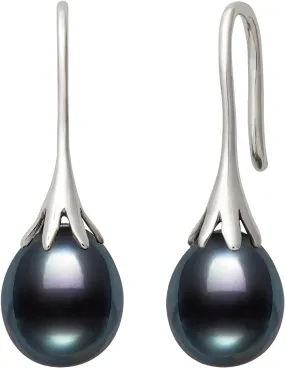 Sterling Silver Black Cultured Freshwater Drop Pearl Dangle Earrings for Women