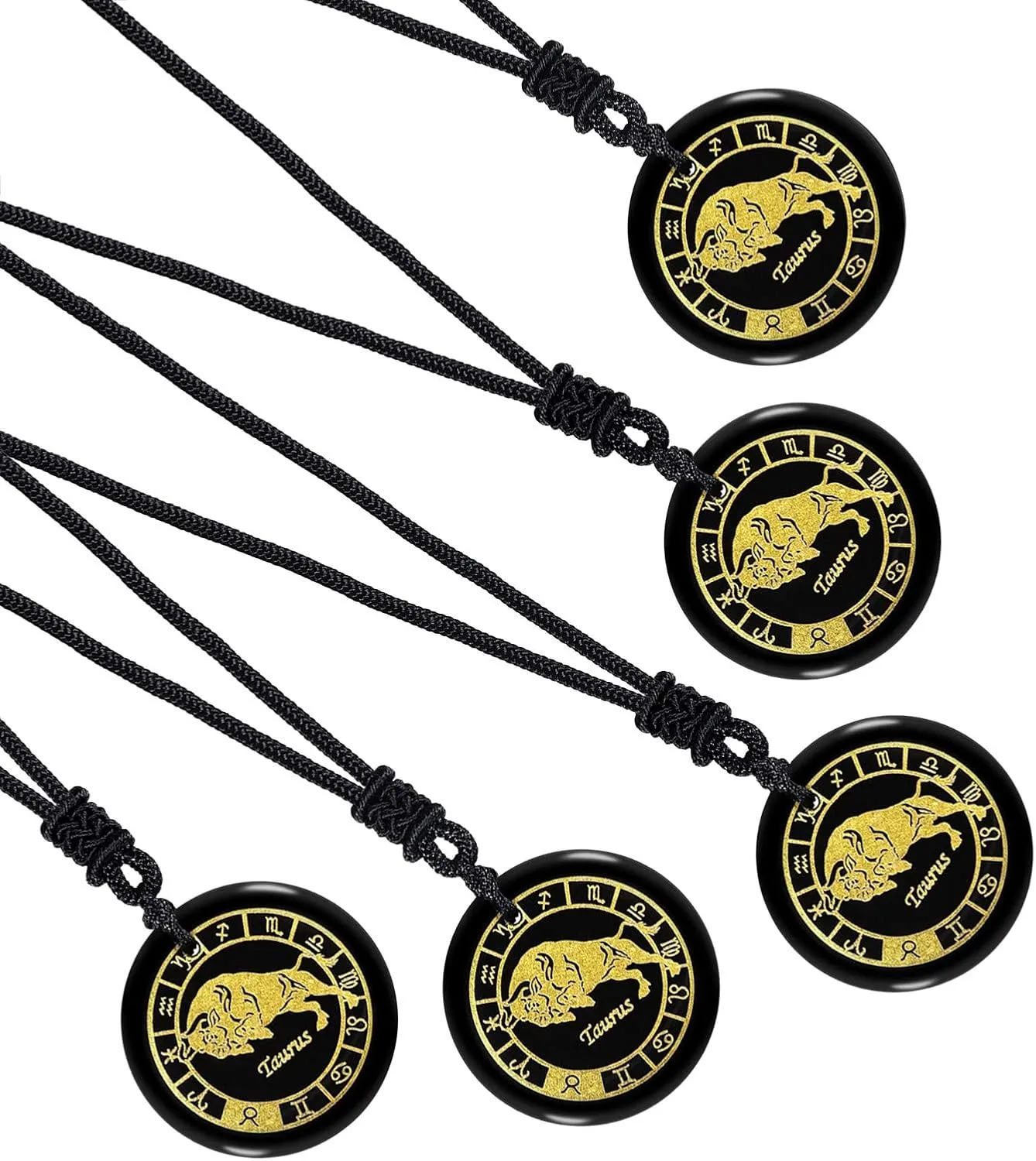 SUNYIK Engraved 12 Constellations Round Pendant Necklace for Men Women, Amulet Black Obsidian Natural Stone Necklace for Unisex with Adjustable Rope 18-24"