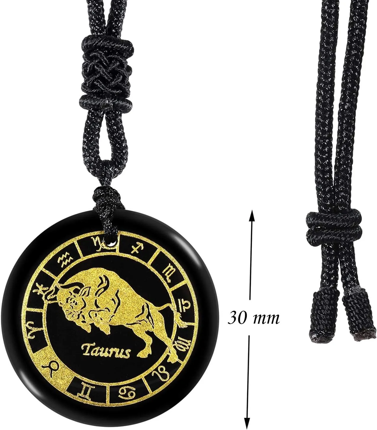 SUNYIK Engraved 12 Constellations Round Pendant Necklace for Men Women, Amulet Black Obsidian Natural Stone Necklace for Unisex with Adjustable Rope 18-24"