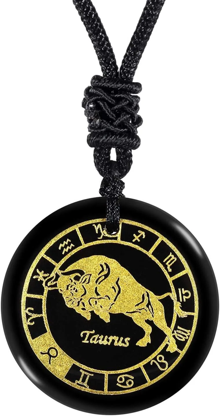 SUNYIK Engraved 12 Constellations Round Pendant Necklace for Men Women, Amulet Black Obsidian Natural Stone Necklace for Unisex with Adjustable Rope 18-24"