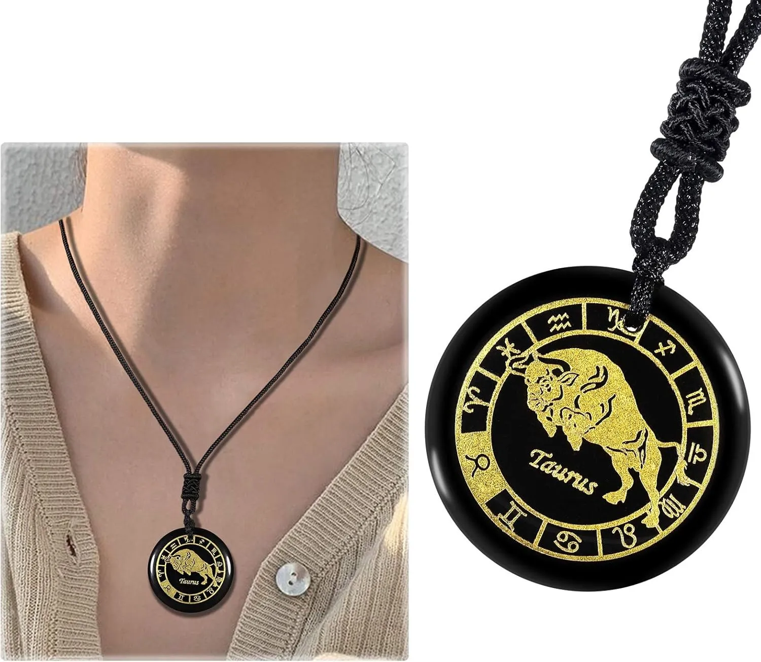 SUNYIK Engraved 12 Constellations Round Pendant Necklace for Men Women, Amulet Black Obsidian Natural Stone Necklace for Unisex with Adjustable Rope 18-24"