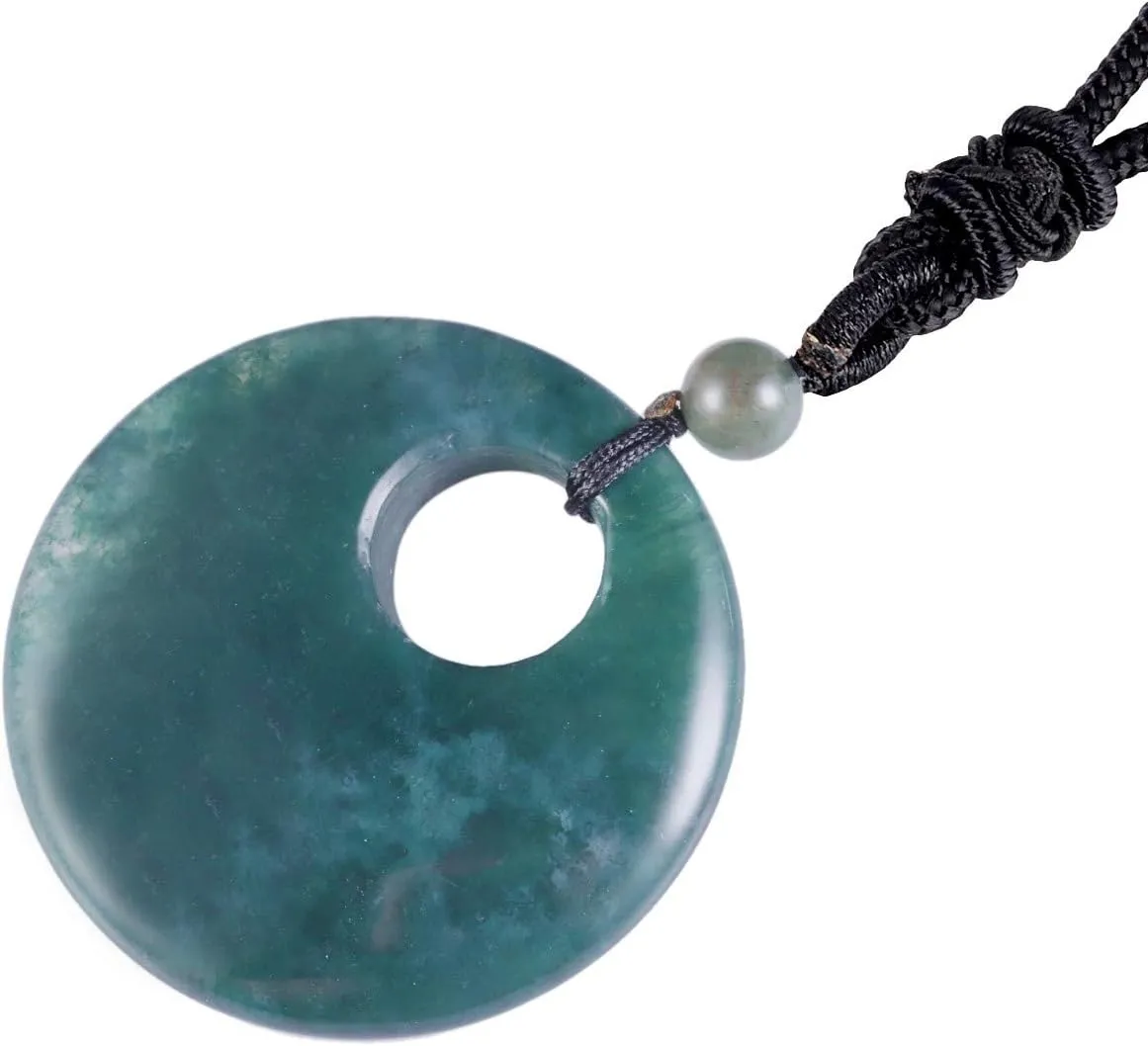 SUNYIK Lucky Coin Pendant Necklace for Women Men, Healing Crystal Amulet Jewelry for Unisex, Donut Round Shaped, Adjustable 18''-28'' strand