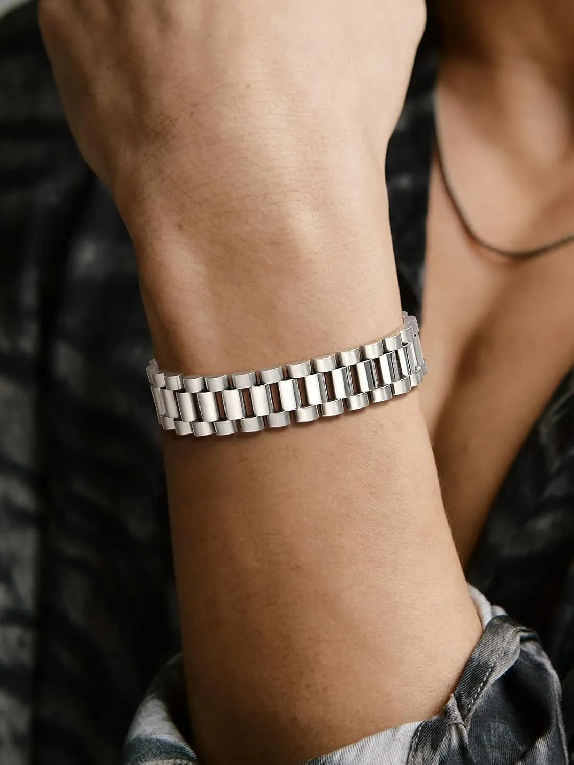 U7 Link Bracelets for Men, Stainless Steel/Black/Gold Plated Cuban Link Chain Bracelets, Unisex Chunky Bracelets, Xmas Fathers Day Jewelry for Him
