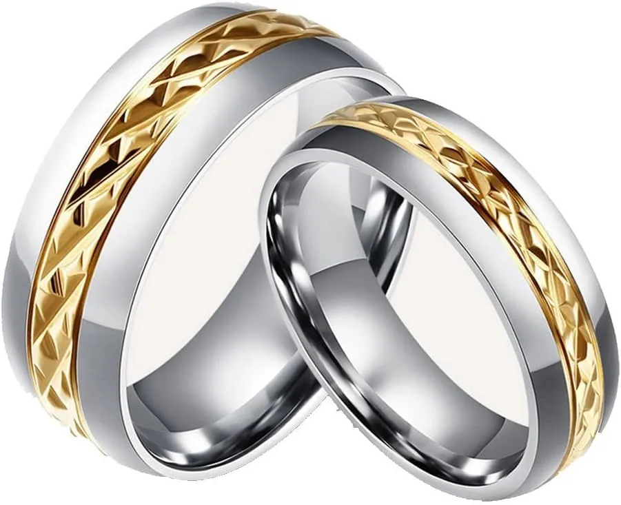 Wang Rong ROWAG Novelty Gold Plated 8MM Men Titanium Stainless Steel Couple Rings for Him and Her 6MM Women Wedding Promise Engagement Bands