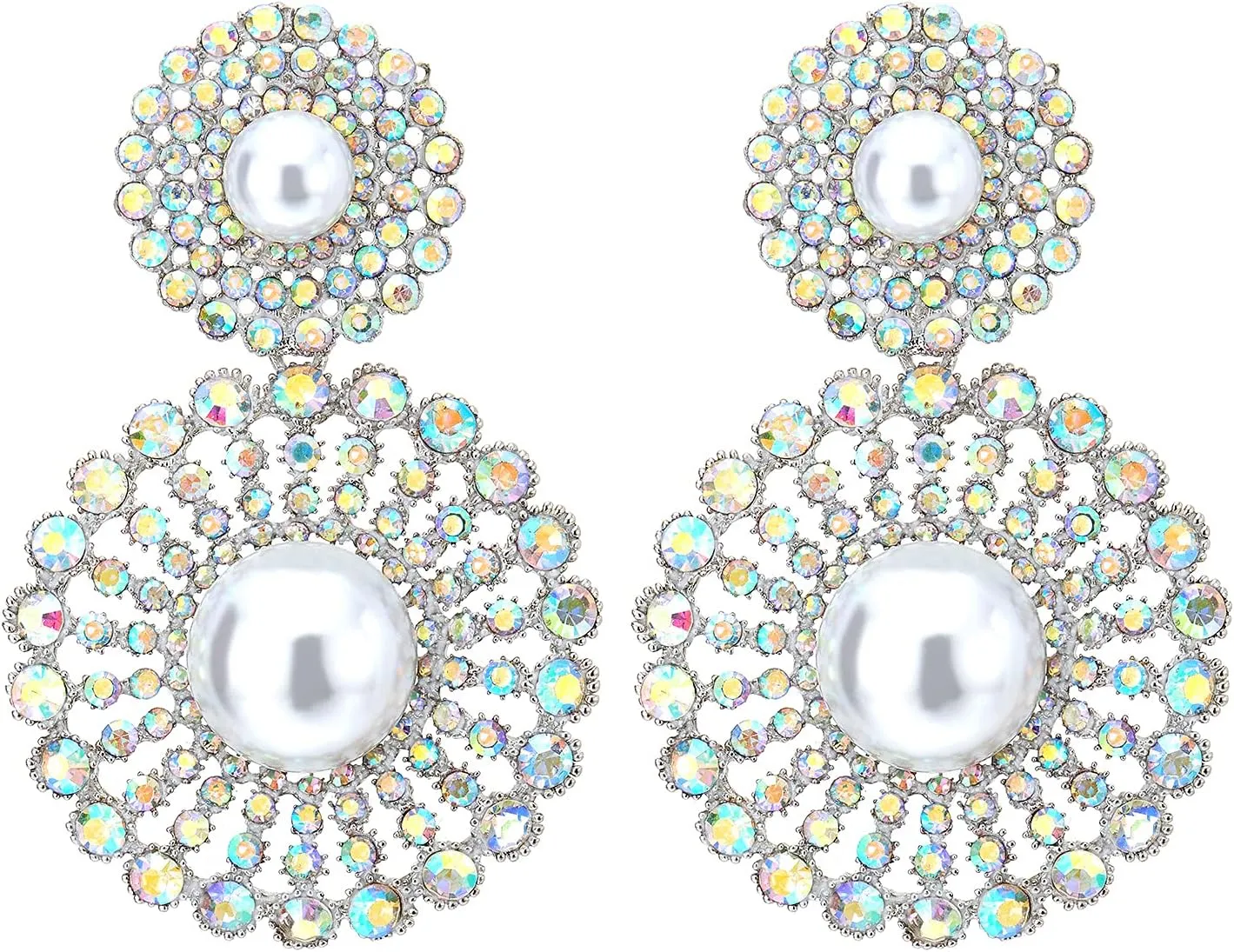 Wedding Rainbow Rhinestone Pearl Cluster Large Circle Flowers Long Drop Statement Earrings Elegant
