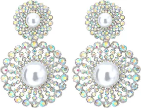 Wedding Rainbow Rhinestone Pearl Cluster Large Circle Flowers Long Drop Statement Earrings Elegant
