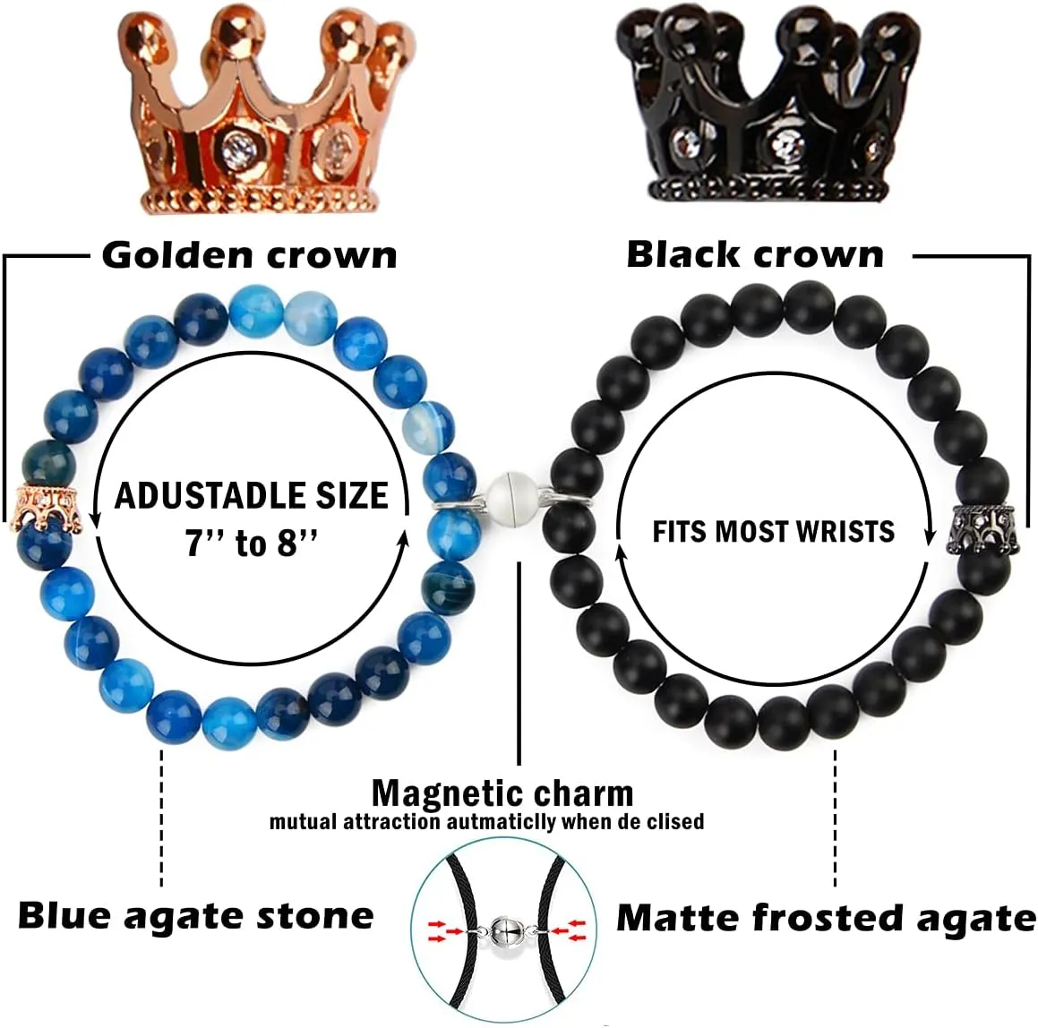Winas Couples Matching Bracelets- Kings and Queens Bracelets Magnetic Couples Bracelets Christmas Birthday Gifts for Girlfriend Boyfriend