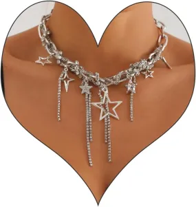 Y2k Star Choker Necklace for Women,Chunky Silver Star Layered Choker Long Chain Heart Pear Tassel Necklace Trendy Statement Necklace Jewelry