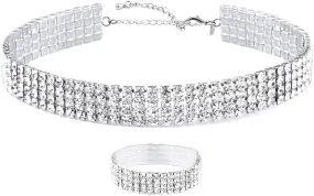 Zealmer 18K Gold Plated 1-6 Rows Rhinestone Choker Necklace & Bracelets Set Bridal Jewelry