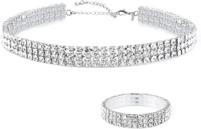 Zealmer 18K Gold Plated 1-6 Rows Rhinestone Choker Necklace & Bracelets Set Bridal Jewelry