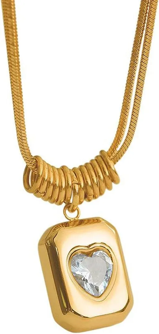Zirconia Diamond Heart Pendant for Women - 18K Gold Plated Necklace Titanium Steel Double Snake Chain Adjustable 16”   2”, Simple Gold Necklace Jewelry Gift for Women